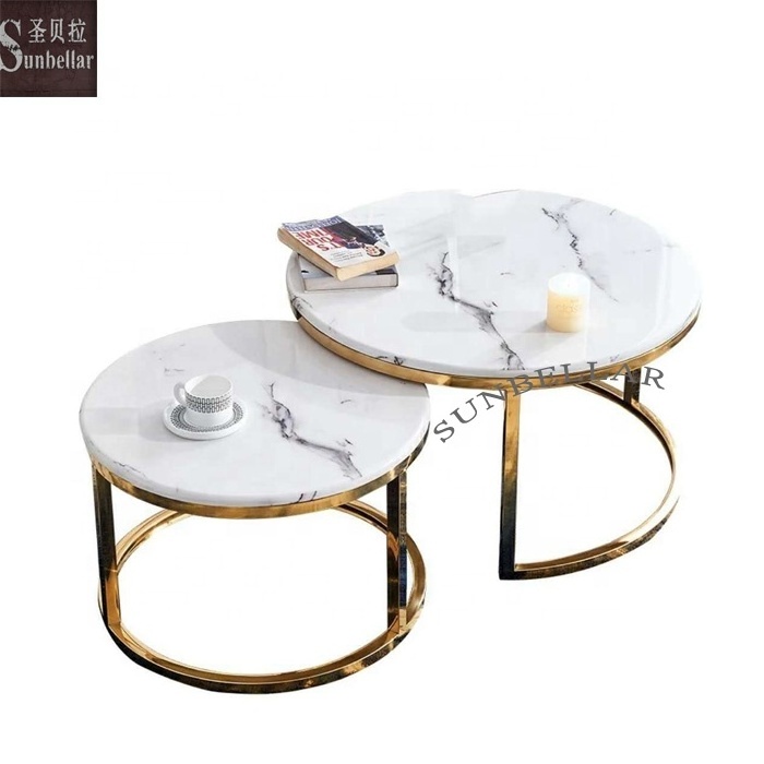 wholesale modern round marble coffee table set gold stainless steel marble top living room center table club waiting room table