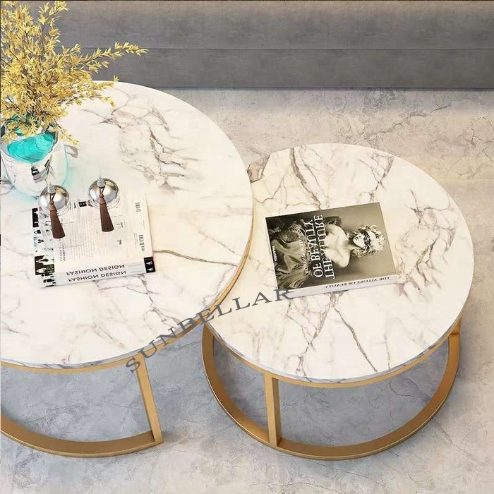 wholesale modern round marble coffee table set gold stainless steel marble top living room center table club waiting room table