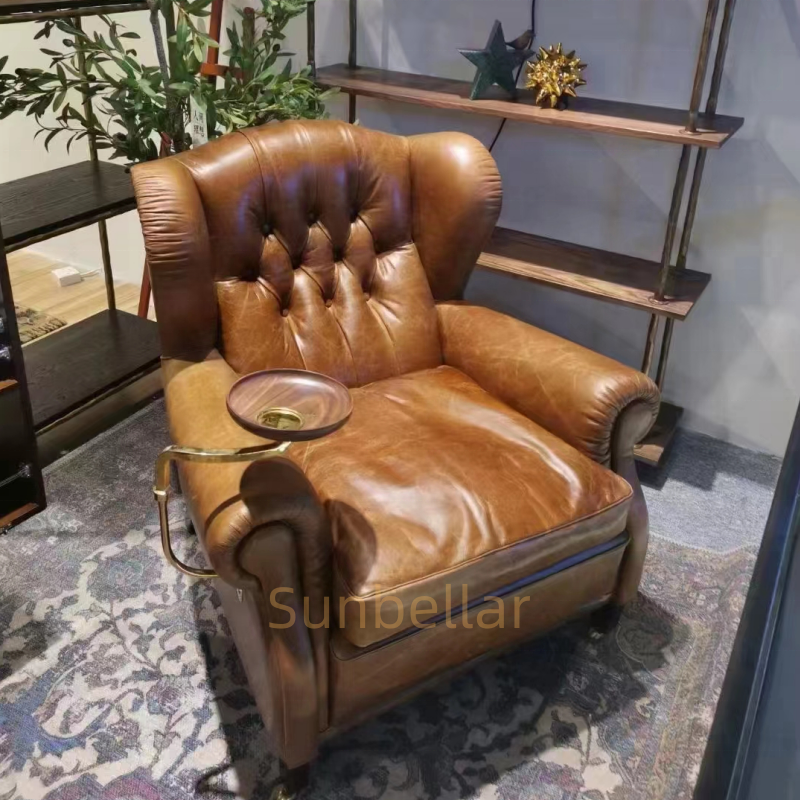 custom antique leather arm chair genuine leather tobacco brown chesterfield armchair with tray for home bar hotel cigar club