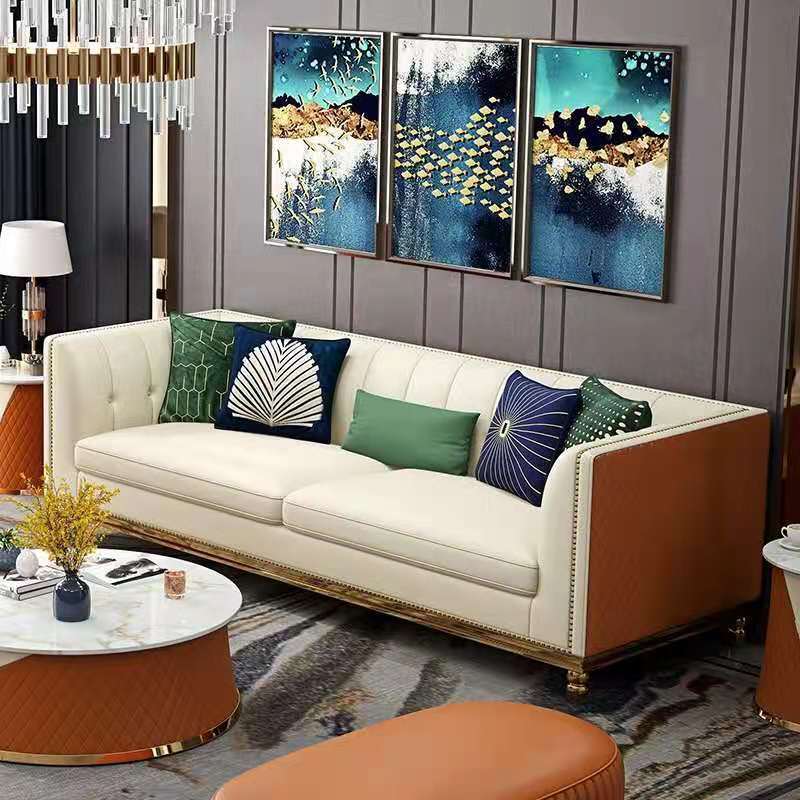 luxury living room furniture set real leather sofa couch gold steel lounge chaise with coffee table and side table modern design