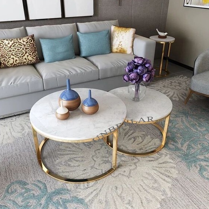 wholesale modern round marble coffee table set gold stainless steel marble top living room center table club waiting room table