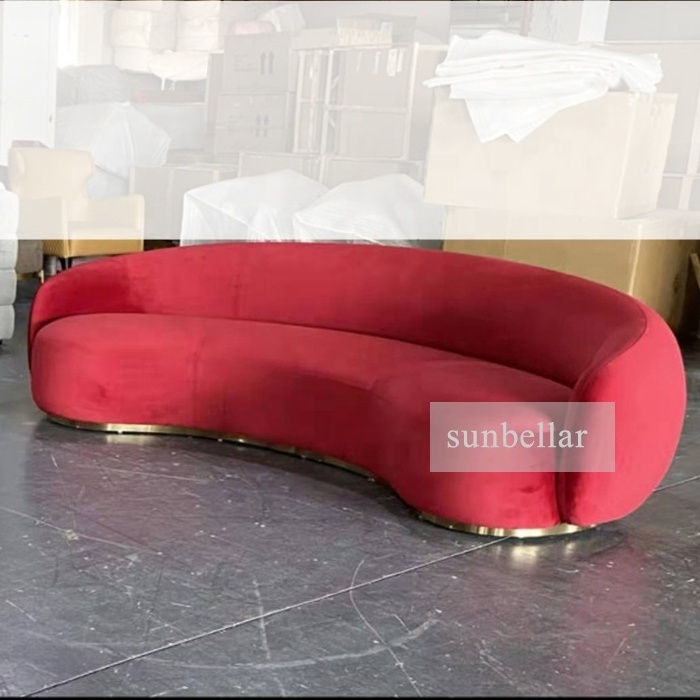 half moon semi circle shaped sofa orange velvet curved sofa with gold stainless steel base living room bedroom sofa