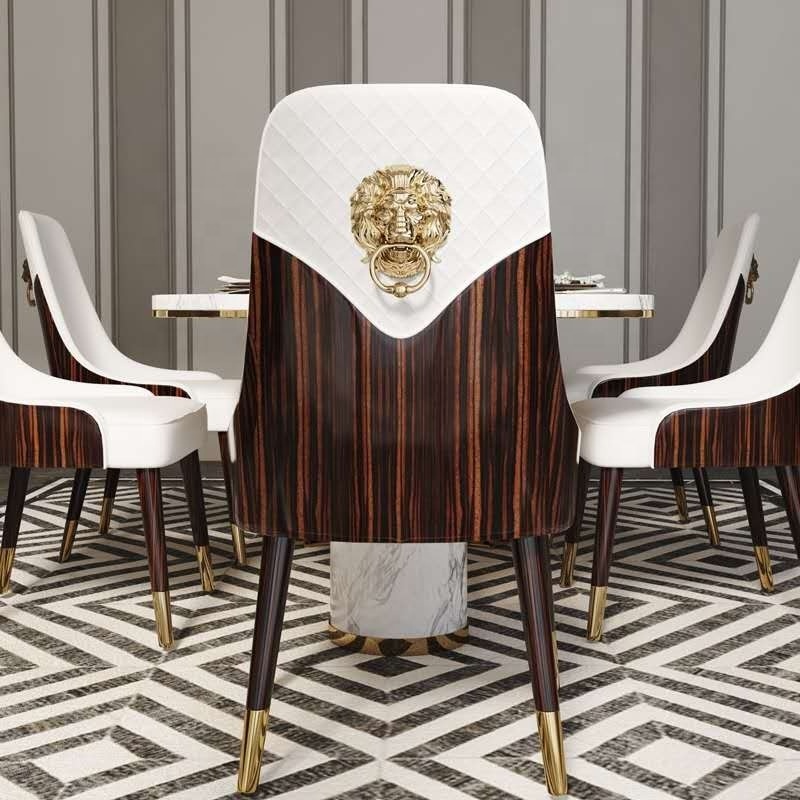 Luxury Wooden Dining Chair White Leather Dining Chair Lion Head Modern for Kitchen Dining Room Hotel Restaurant with Gold