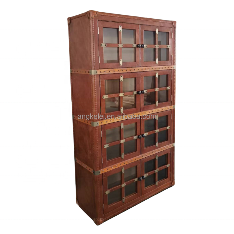 retro vintage genuine leather wood bookshelf bookcase office bookcase wooden home office furniture standing book cabinet antique