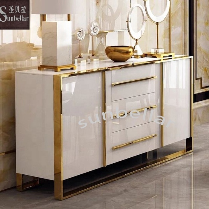 luxury furniture cabinet modern design gold stainless steel console table wooden dining room cabinet with drawers