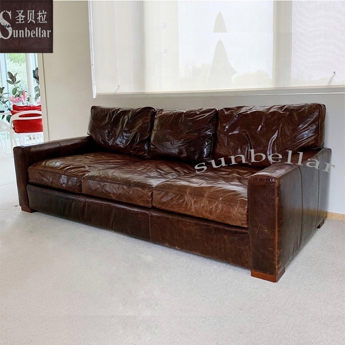 luxury furniture antique genuine leather living room sofa wooden comfortable American style  vintage distressed leather sofa