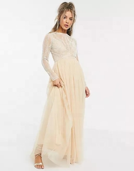 Ladies Clothing Soft Beige Lace Dress Long Sleeve Chiffon Elegant Tulle Women Fall Dress