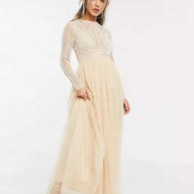 Ladies Clothing Soft Beige Lace Dress Long Sleeve Chiffon Elegant Tulle Women Fall Dress