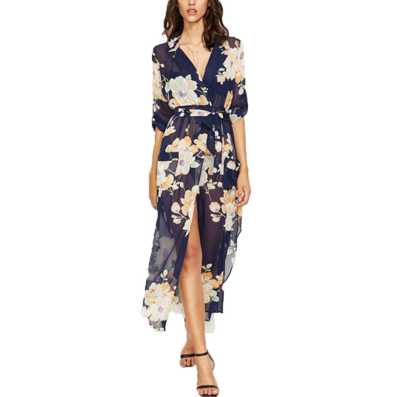 Summer Women V-Neck Floral Chiffon Casual Maxi Dress