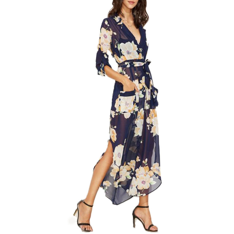 Summer Women V-Neck Floral Chiffon Casual Maxi Dress