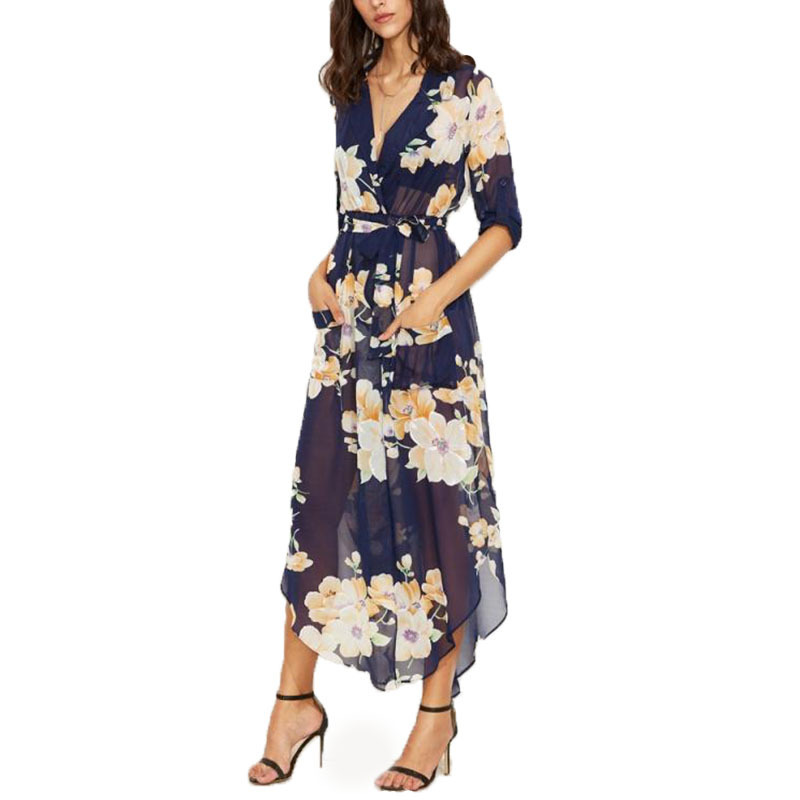 Summer Women V-Neck Floral Chiffon Casual Maxi Dress