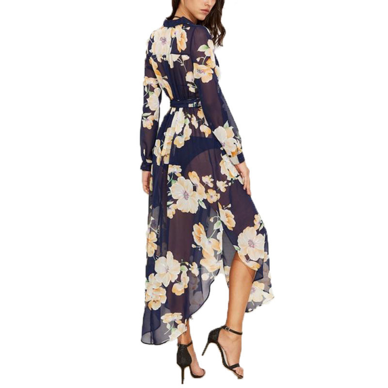 Summer Women V-Neck Floral Chiffon Casual Maxi Dress