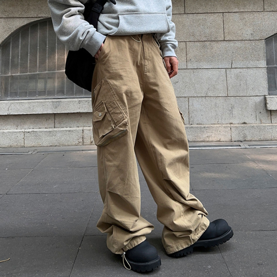 Men Dongguan City Streetwear Custom Adjustable Bottom 2 Pockets Cotton Twill Fabric Flared Baggy Cargo Pants