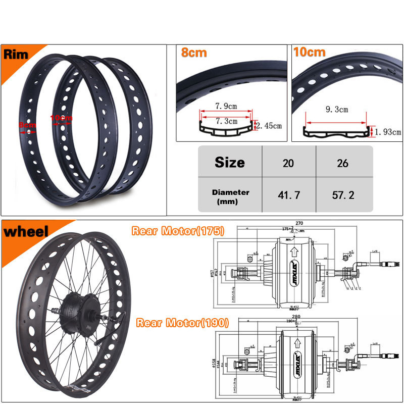 170mm - 190mm Rear brushless hub motor wheel 20'' 24''26