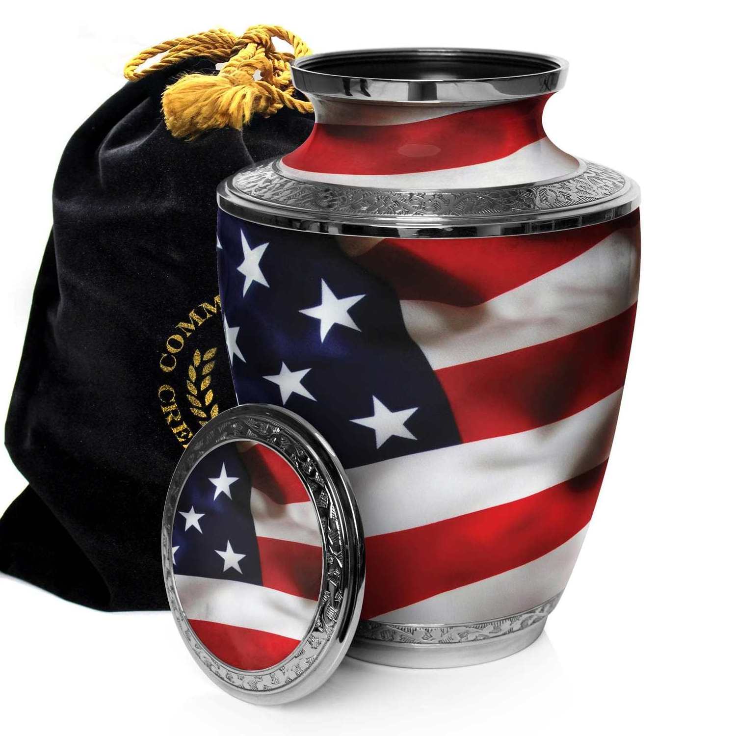 American Flag Brass Cremation Urns Round Shaped Memorial Urns With Glossy Finishing For Funeral Supplies In Wholesale Price