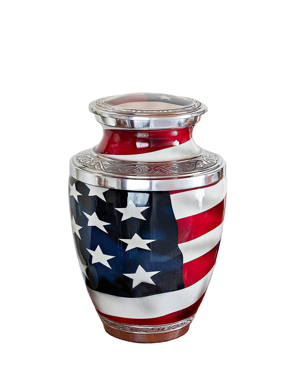 American Flag Brass Cremation Urns Round Shaped Memorial Urns With Glossy Finishing For Funeral Supplies In Wholesale Price