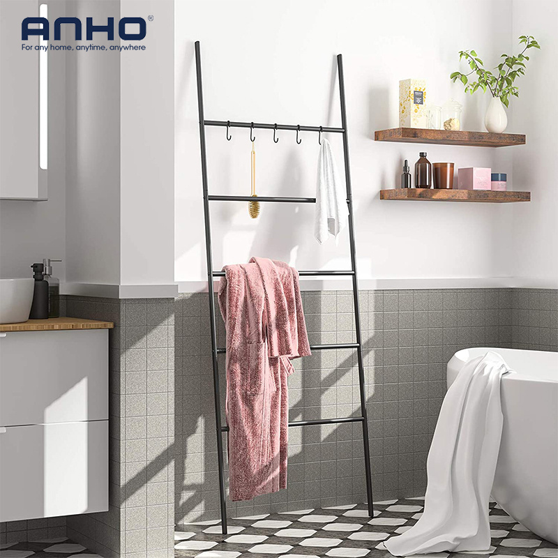 Vintage 4-Layer Removable Bathroom Towel Drying Rack Hooks Rails Wall Leaning Wood Blanket Towel Ladder