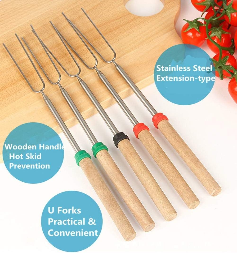 Marshmallow Roasting Sticks - Telescoping Smores Skewers & Hot Dog Forks with Wooden Handle - 32 inch Stainless Steel BBQ Kit