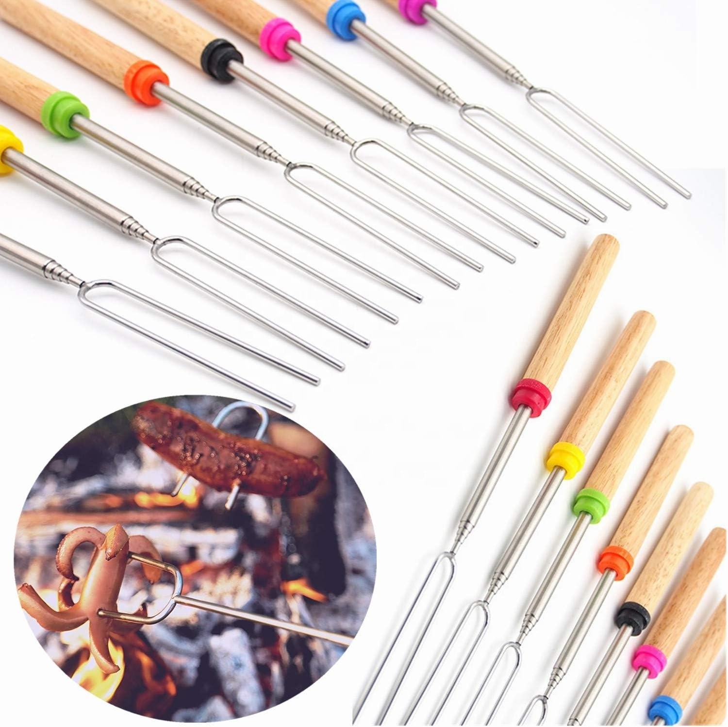 Marshmallow Roasting Sticks - Telescoping Smores Skewers & Hot Dog Forks with Wooden Handle - 32 inch Stainless Steel BBQ Kit