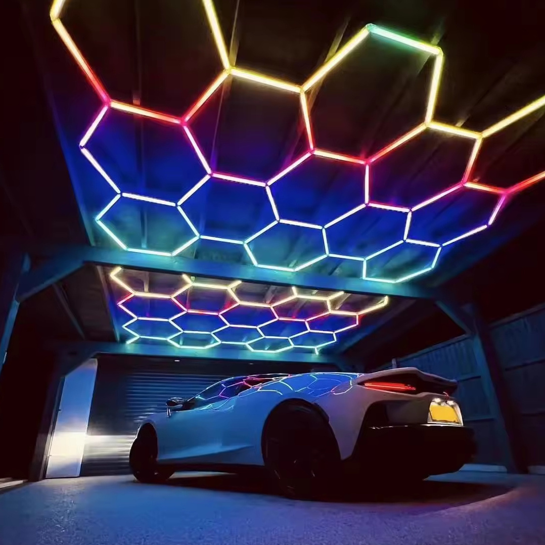 14 Grid Led Light Honeycomb Garage Lamp Led RGB Light Hexagon Modern Ceiling Lights For Auto Detailing Shop Garage