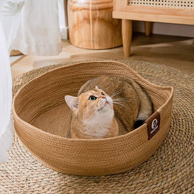 Rattan cat's bed Cartoon all-season semi-enclosed summer cool dog bed cushion Handmade  woven dog's pet bed