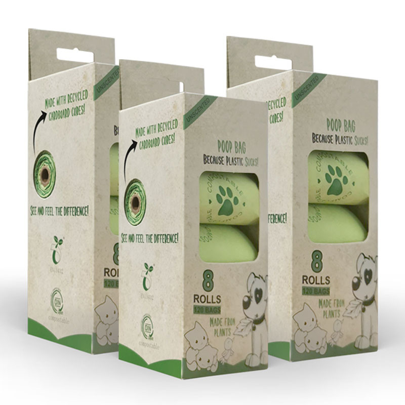 100% Biodegradable Wholesale  Certificate Pet Poop Plastic Pack Dog Waste Bag cat poop bags for dogs dog pop bags