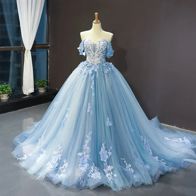 S8255F  Sweetheart Off the Shoulder Lace Appliques Light Blue Corset Back Bridal Gowns wedding dresses elegant ball gown