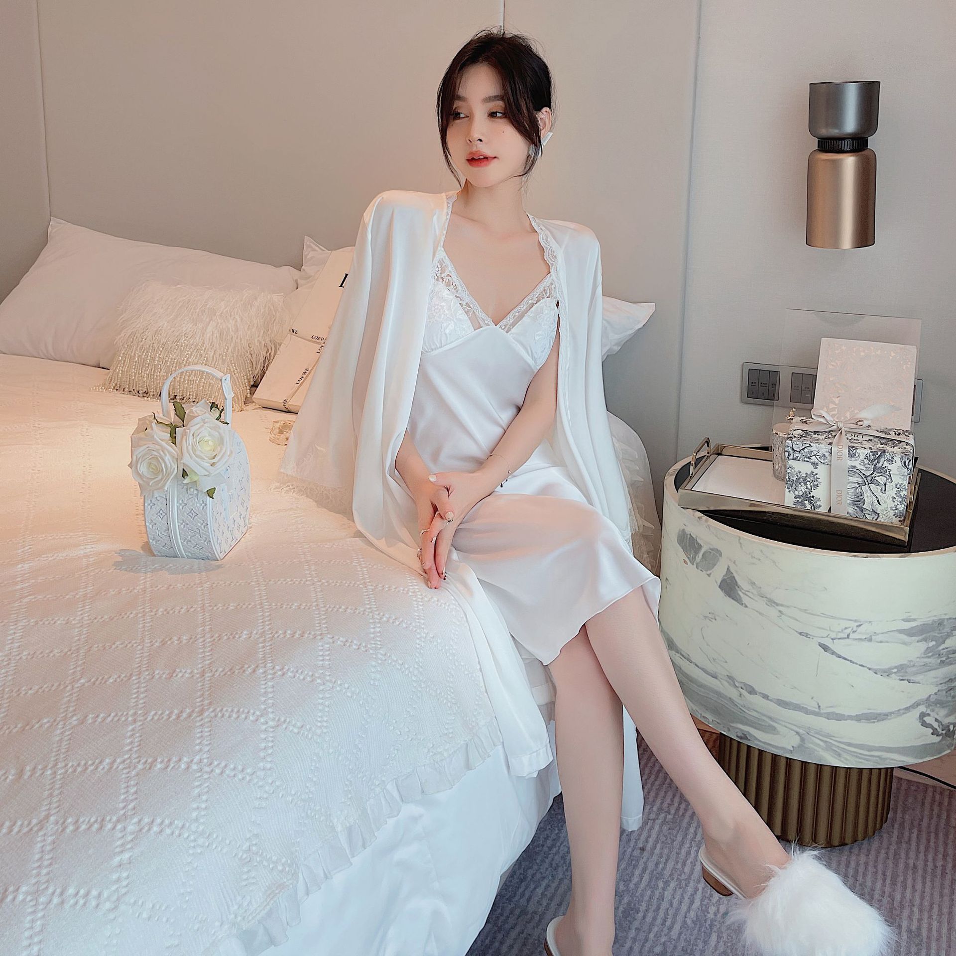 S632F New luxury sling nightdress long-sleeved nightgown two-piece sexy ice snow christmas plus size pajamas for women