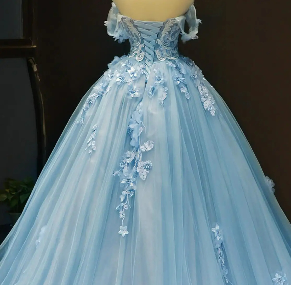 S8255F  Sweetheart Off the Shoulder Lace Appliques Light Blue Corset Back Bridal Gowns wedding dresses elegant ball gown