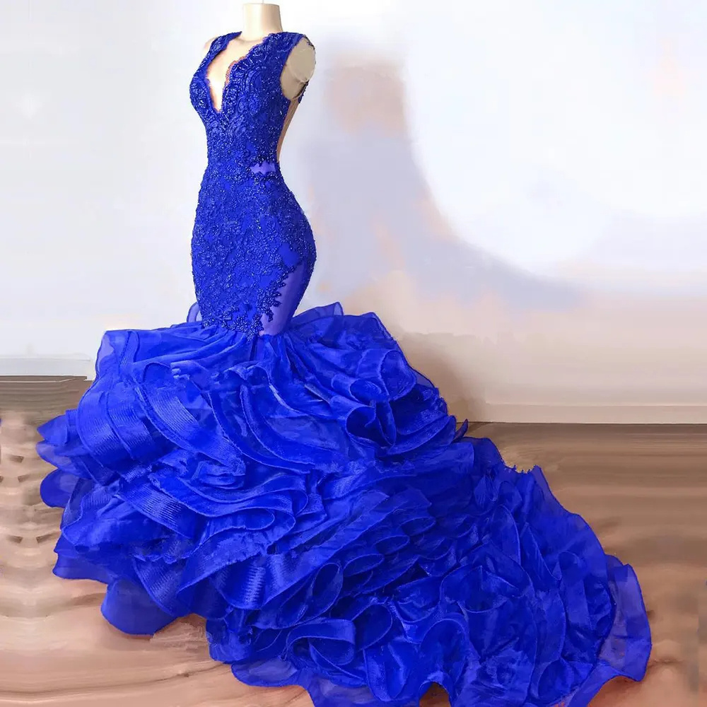 S8219F  2024 Africa Style Sexy Deep V neck royal blue Mermaid  Lace Appliques lace up Back fish tail  ball gown wedding dress