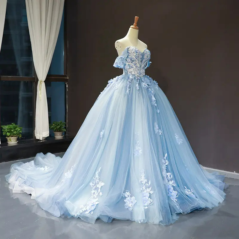 S8255F  Sweetheart Off the Shoulder Lace Appliques Light Blue Corset Back Bridal Gowns wedding dresses elegant ball gown