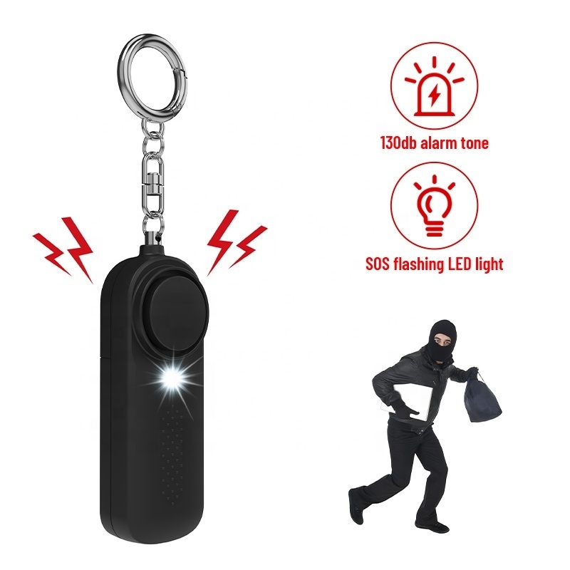 New design Low battery reminder 130db self defense flashlight keychain alarm supplies for women