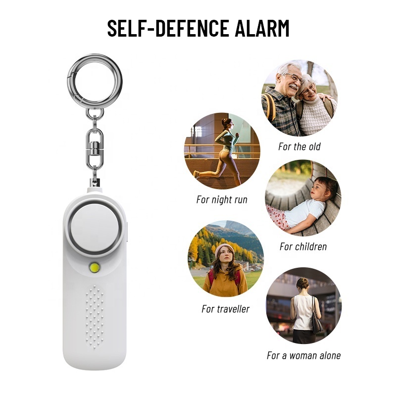 New design Low battery reminder 130db self defense flashlight keychain alarm supplies for women