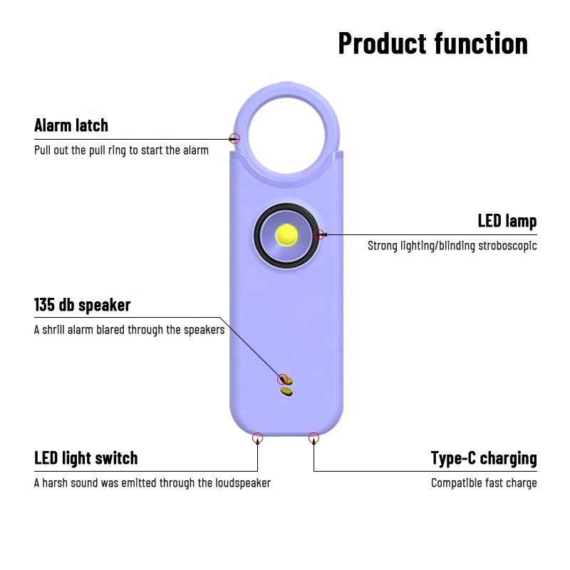 New135DB Recharge Portable Emergency SOS Security Self Defense Alarm Keychain Personal Alarm for Women Children Elders