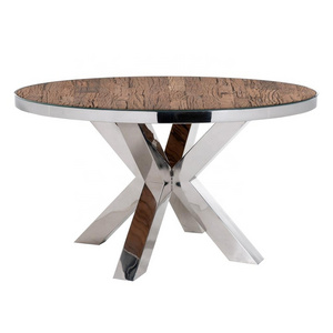 Recycled Wood Round Dining Table with Stainless Steel Base