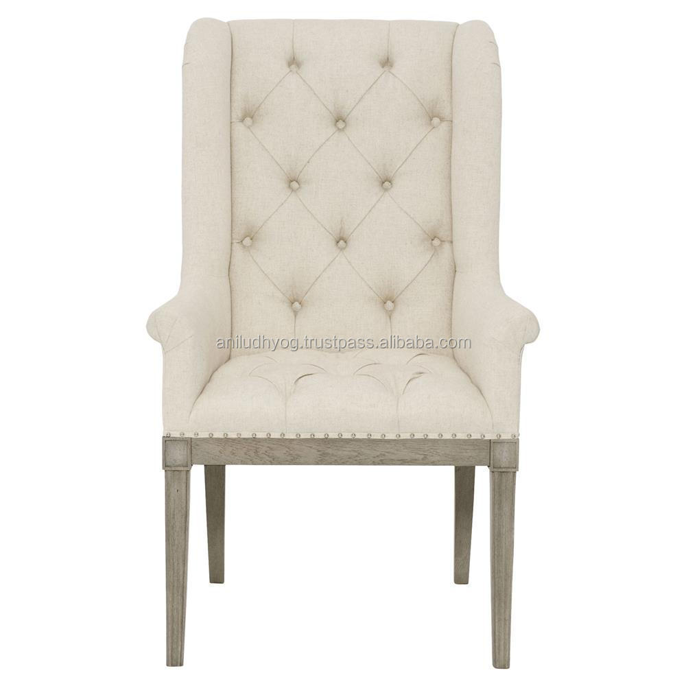 French Country Wood Upholstered Button Tufted White Dining Arm Chair