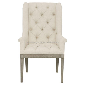 French Country Wood Upholstered Button Tufted White Dining Arm Chair