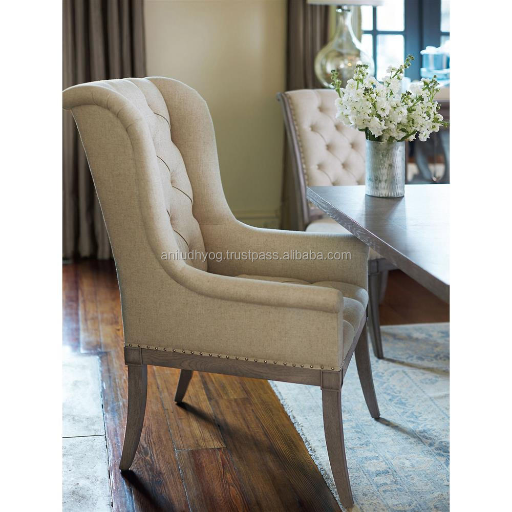 French Country Wood Upholstered Button Tufted White Dining Arm Chair