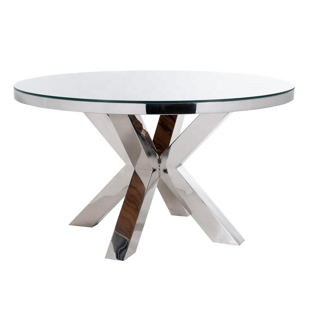 Recycled Wood Round Dining Table with Stainless Steel Base