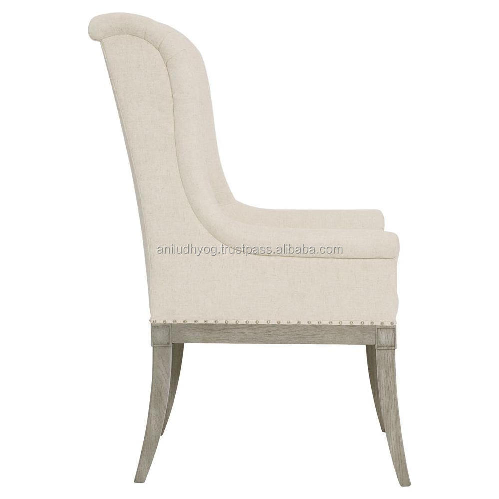 French Country Wood Upholstered Button Tufted White Dining Arm Chair