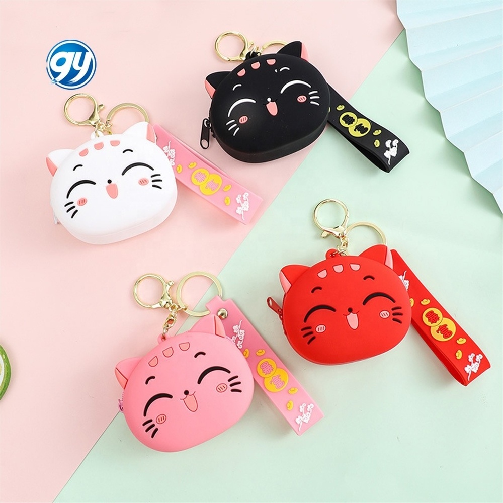 Cute Cartoon Cat Silicone kids purses with Keyring Kawaii bag Portable Data Cable Earphone Organizer Coin Key Pouch