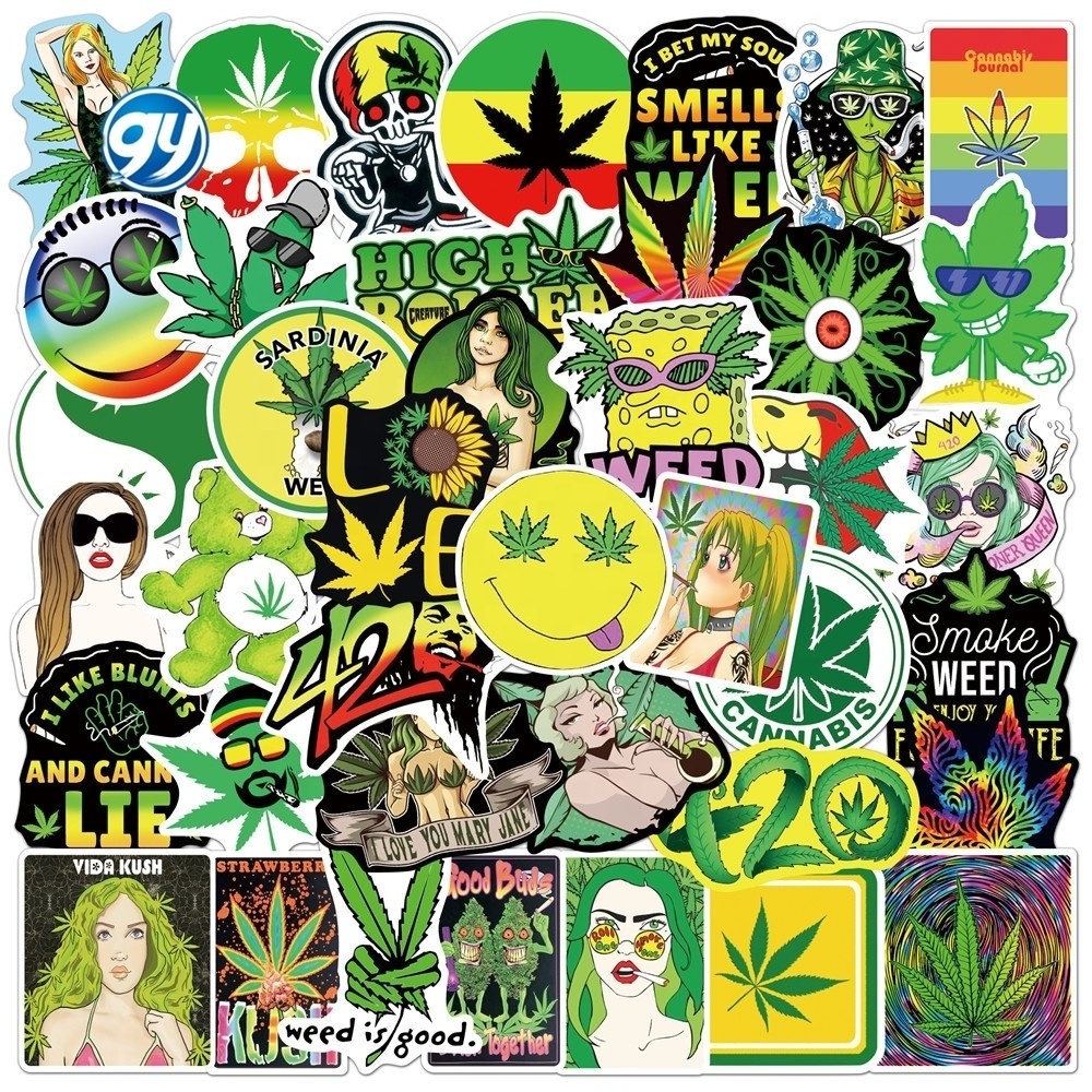 GY 50Pcs Funny Characters grass Bike Travel Luggage Guitar Laptop PVC Waterproof Cool Sticker Leaves Smoking Graffiti Stickers