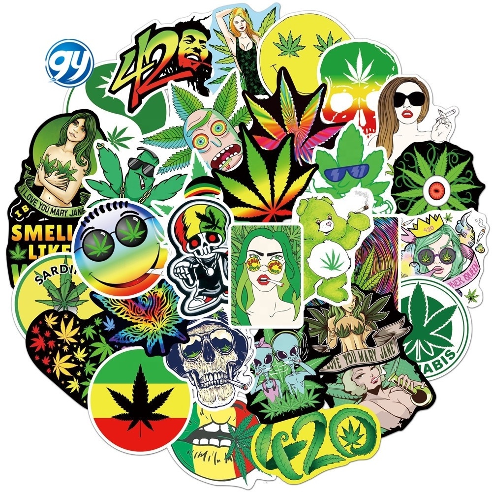 GY 50Pcs Funny Characters grass Bike Travel Luggage Guitar Laptop PVC Waterproof Cool Sticker Leaves Smoking Graffiti Stickers