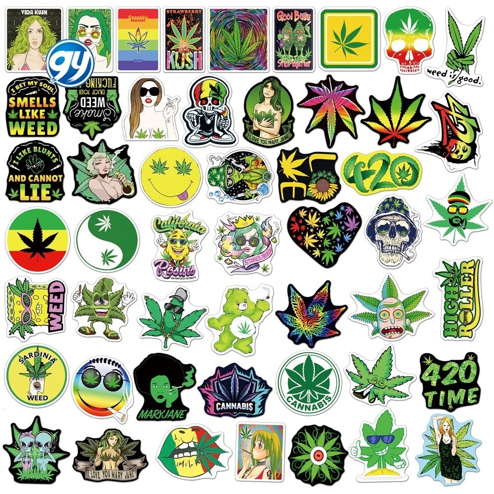 GY 50Pcs Funny Characters grass Bike Travel Luggage Guitar Laptop PVC Waterproof Cool Sticker Leaves Smoking Graffiti Stickers