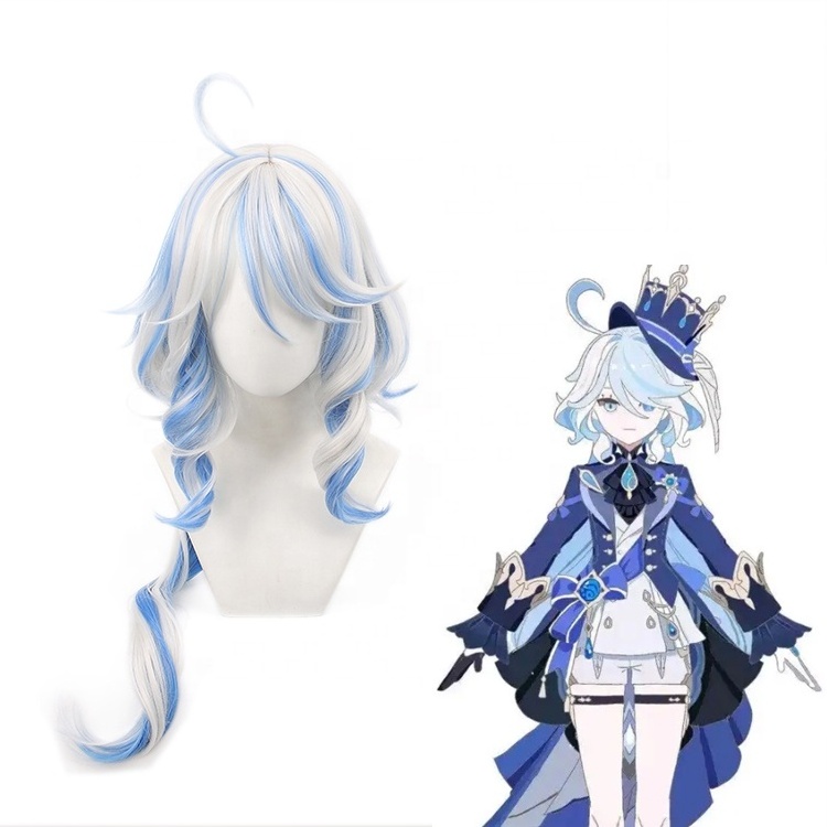 Wholesale 80cm Long Curly White Blue Mixed Genshin Impact Anime Focalors Wig Cosplay Synthetic Cosplay Costume Wig