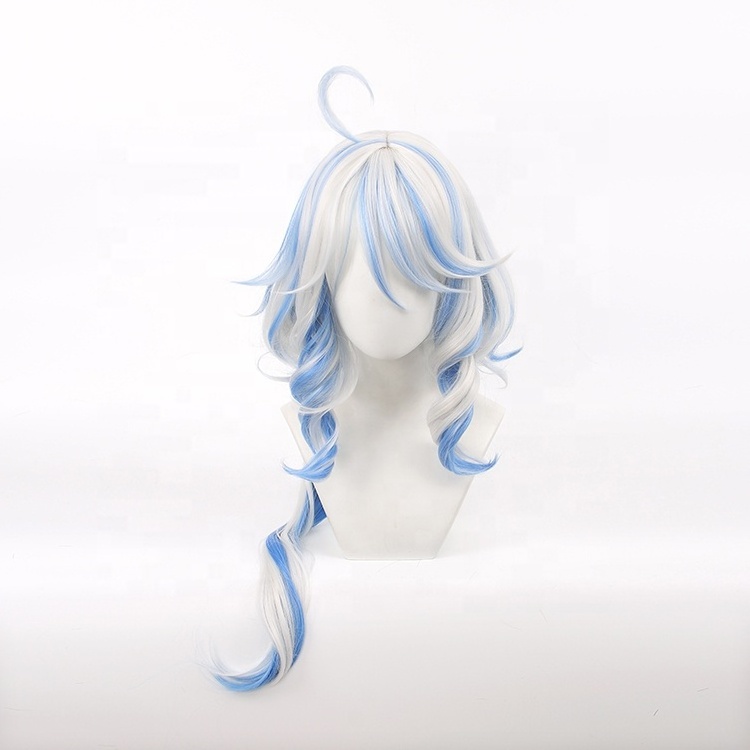 Wholesale 80cm Long Curly White Blue Mixed Genshin Impact Anime Focalors Wig Cosplay Synthetic Cosplay Costume Wig