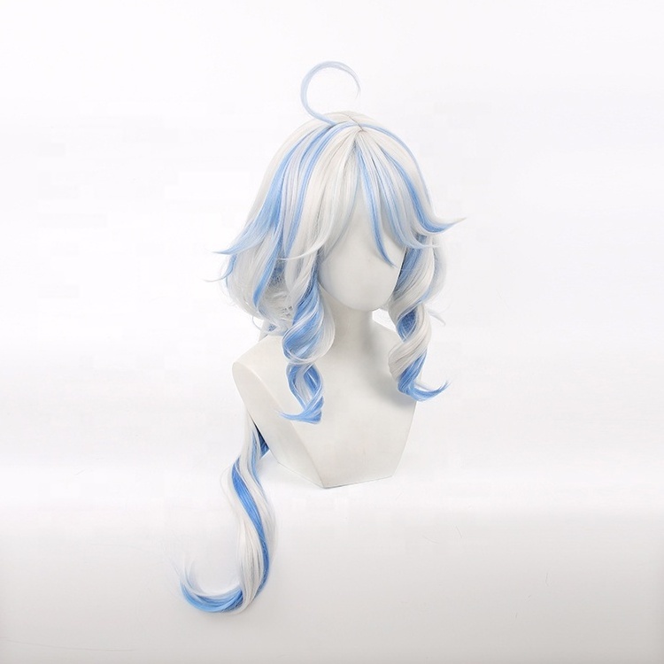 Wholesale 80cm Long Curly White Blue Mixed Genshin Impact Anime Focalors Wig Cosplay Synthetic Cosplay Costume Wig