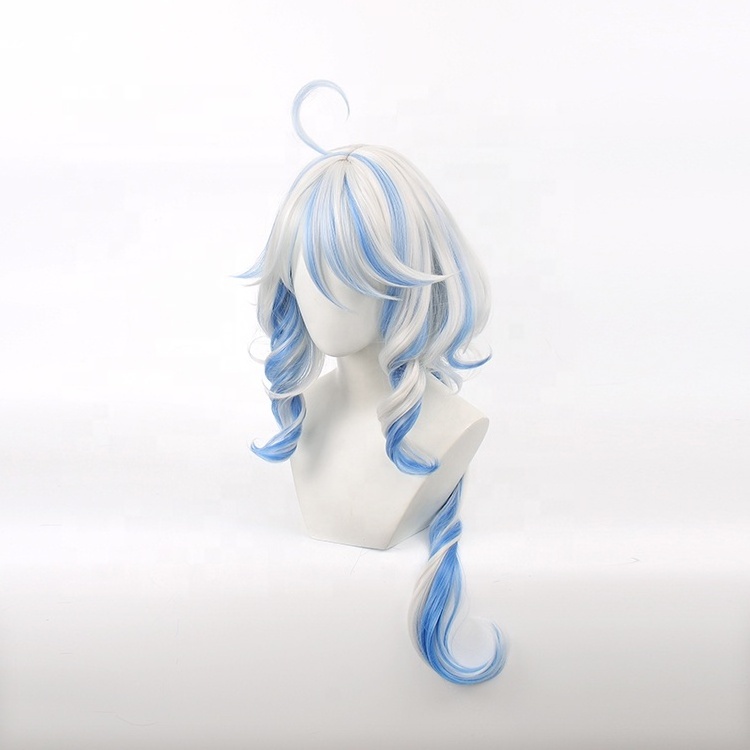 Wholesale 80cm Long Curly White Blue Mixed Genshin Impact Anime Focalors Wig Cosplay Synthetic Cosplay Costume Wig