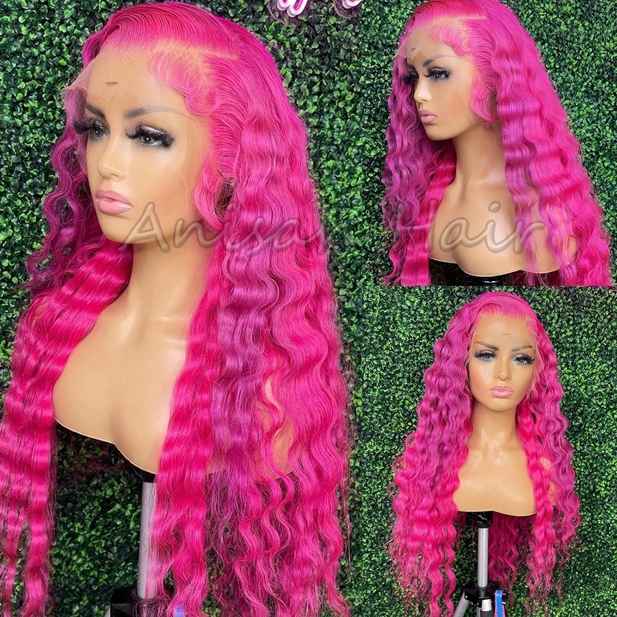 Glueless Brazilian Pink Wigs Human Hair Lace Front Deep Wave 13x4 13X6 Transparent Lace Front Human Hair Wigs for Black Women