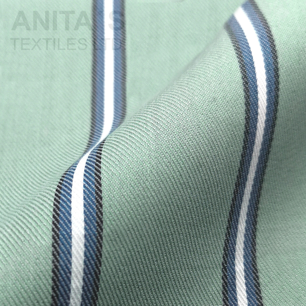 In stock Pima Cotton Tencel Nylon Spandex Lt Weight 2x2 S Twill Stripe Yarn Dye Woven  Fabric